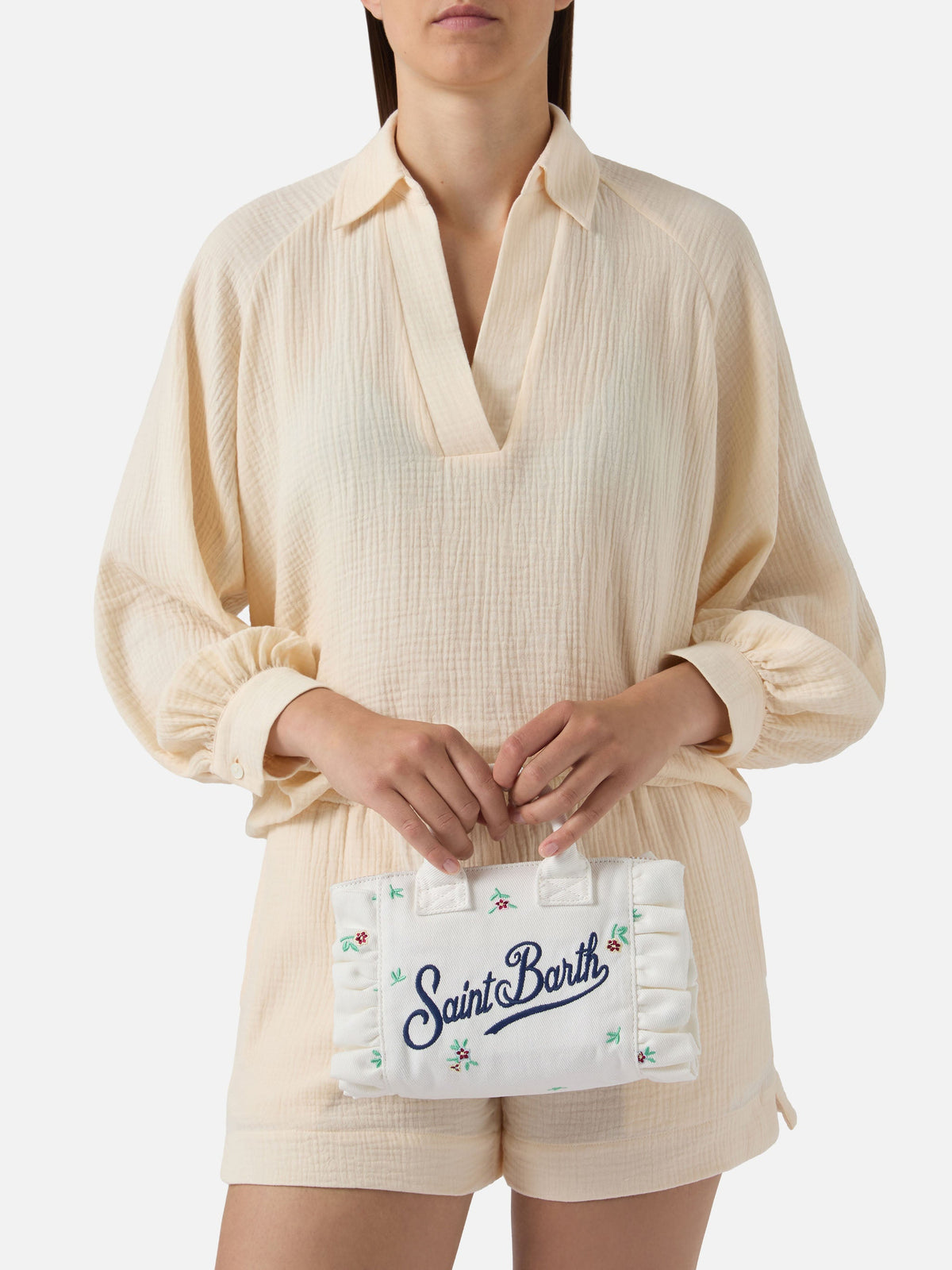 Mini sac Vanity volant en denim brodé MC2 Saint Barth — Blanc — vue 2