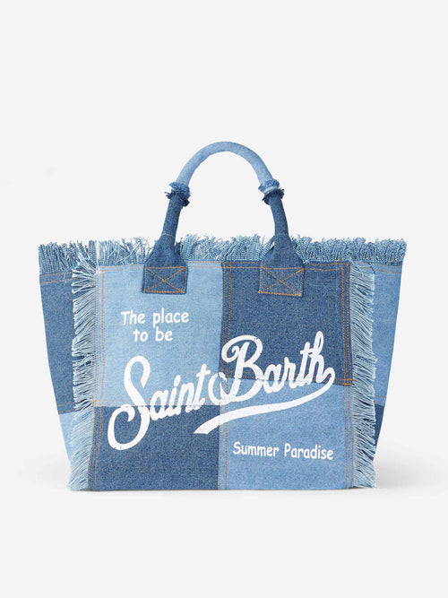 Borsa tote Vanity con frange in denim patchwork MC2 Saint Barth — Patchwork