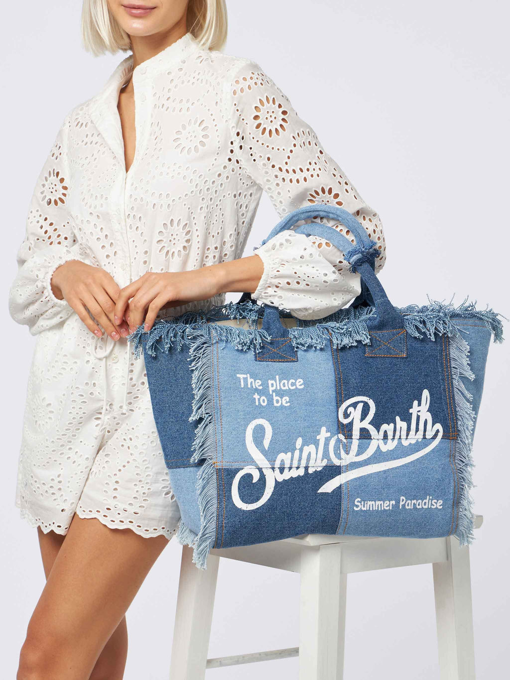 MC2 Saint Barth fringed denim patchwork Vanity tote bag — Patchwork — view 2