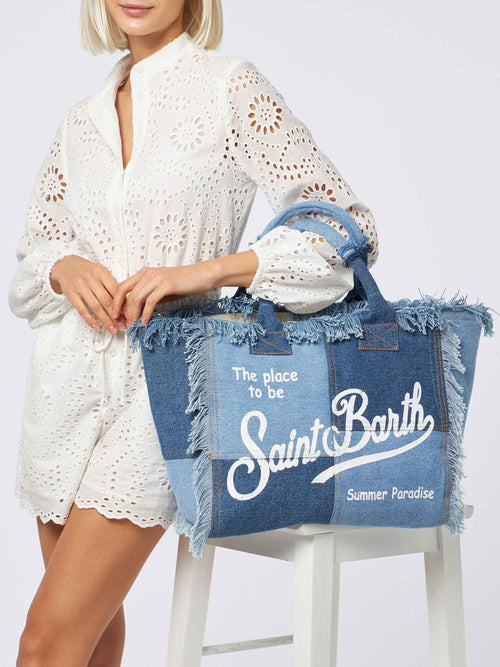 Borsa tote Vanity con frange in denim patchwork MC2 Saint Barth — Patchwork — vista 2