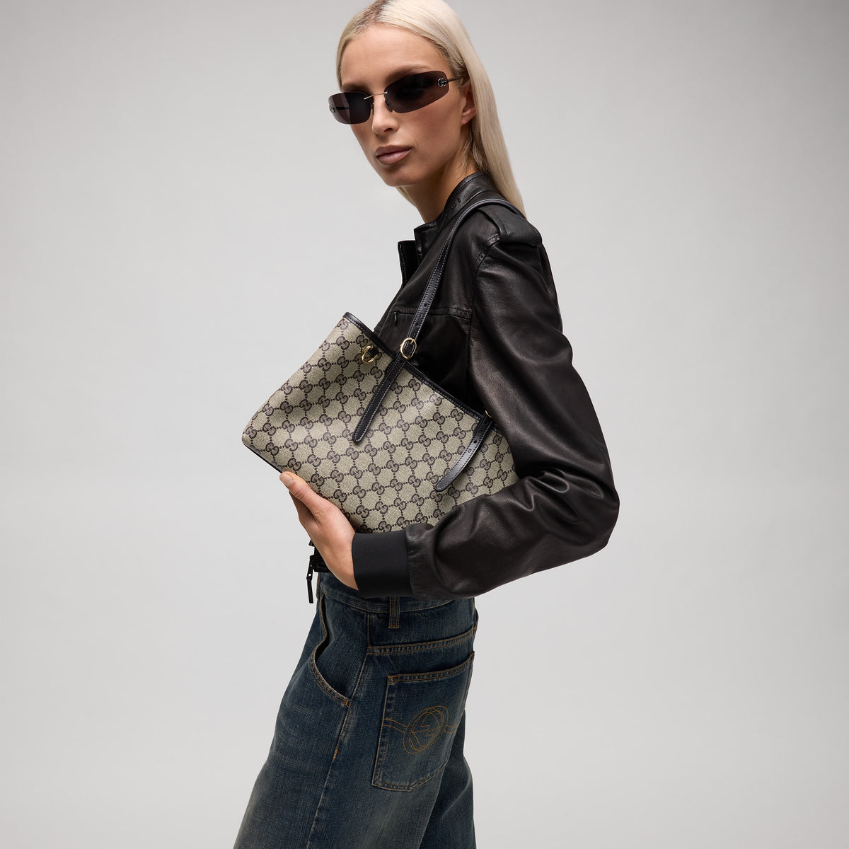 Gucci GG Emblem Medium Tote Bag – Beige & Black